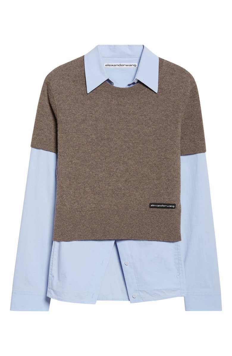 Alexander Wang Stretch Cotton Shirt & Short Sleeve Wool Blend Sweater, Alternate, color, Brown/ Blue