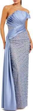 Mac Duggal Beaded Lace Strapless Gown With Pleated Satin Top
