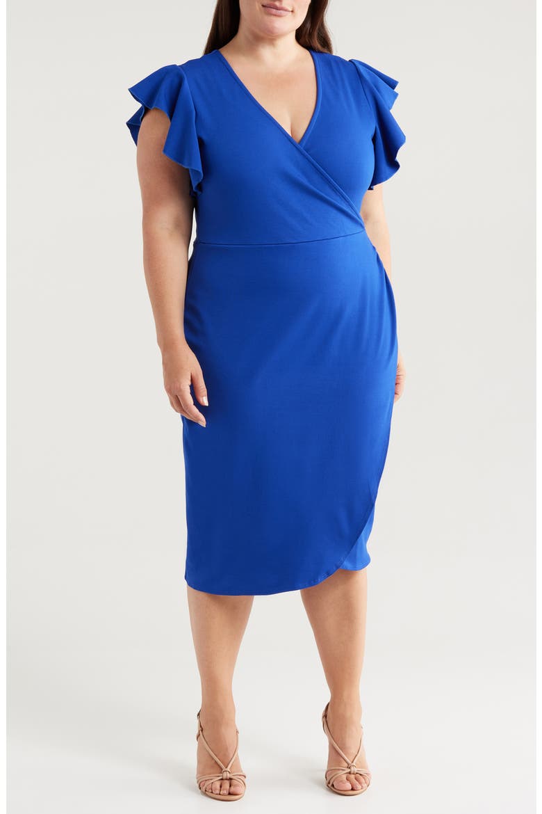 Ruffle Sleeve Stretch Faux Wrap Dress, Main, color, ROYAL