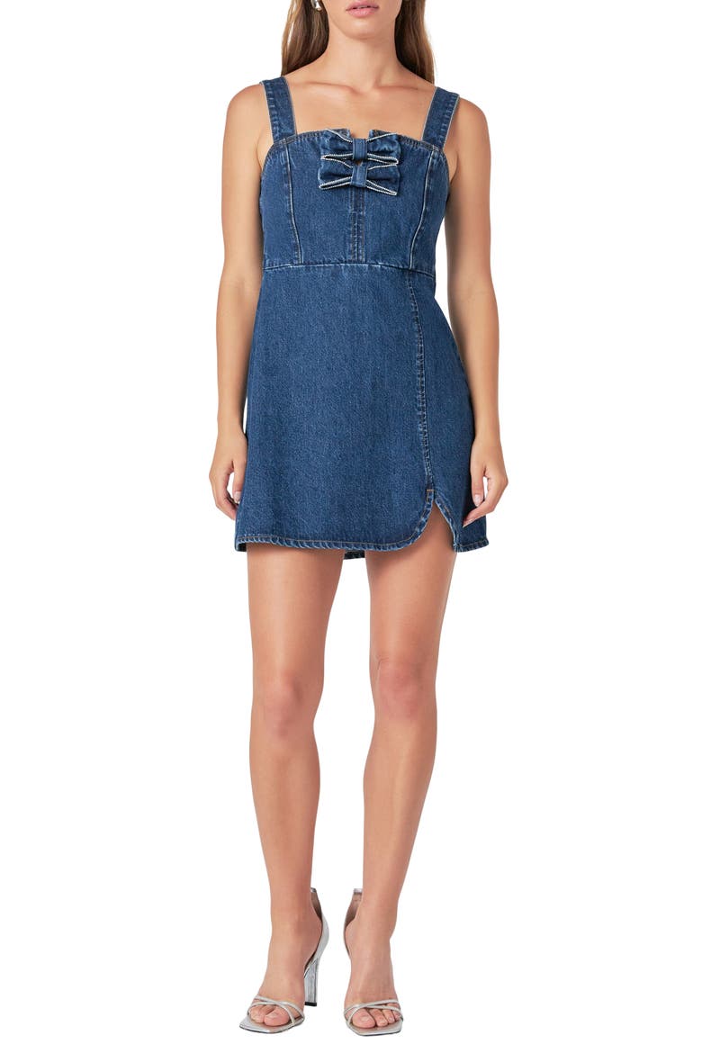 Rhinestone Bow Trim Denim Minidress, Main, color, BLUE