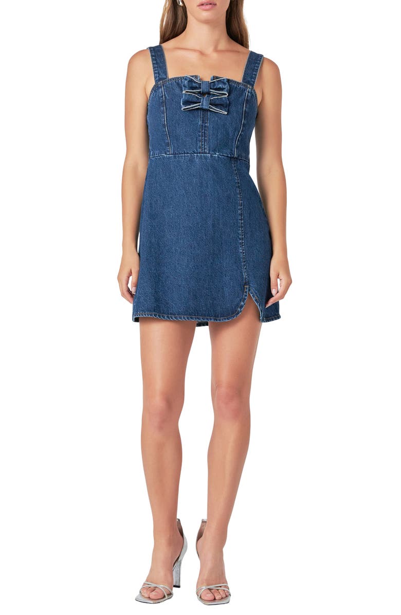 Endless Rose Rhinestone Bow Trim Denim Minidress, Main, color, Blue