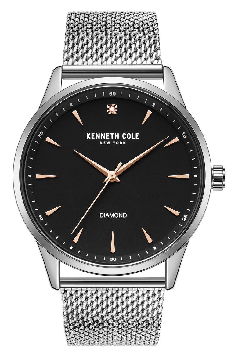 Three Hand Quartz Diamond Dial Mesh Strap Watch, 43mm, Main, color, SILVER