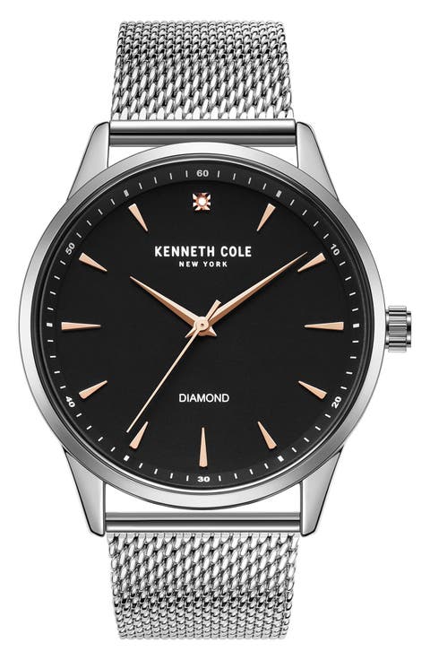 Three Hand Quartz Diamond Dial Mesh Strap Watch, 43mm
