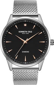 Kenneth Cole Three Hand Quartz Diamond Dial Mesh Strap Watch, 43mm
