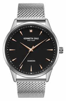 Three Hand Quartz Diamond Dial Mesh Strap Watch, 43mm