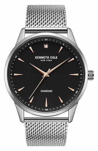 Three Hand Quartz Diamond Dial Mesh Strap Watch, 43mm