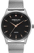 Kenneth Cole Three Hand Quartz Diamond Dial Mesh Strap Watch, 43mm