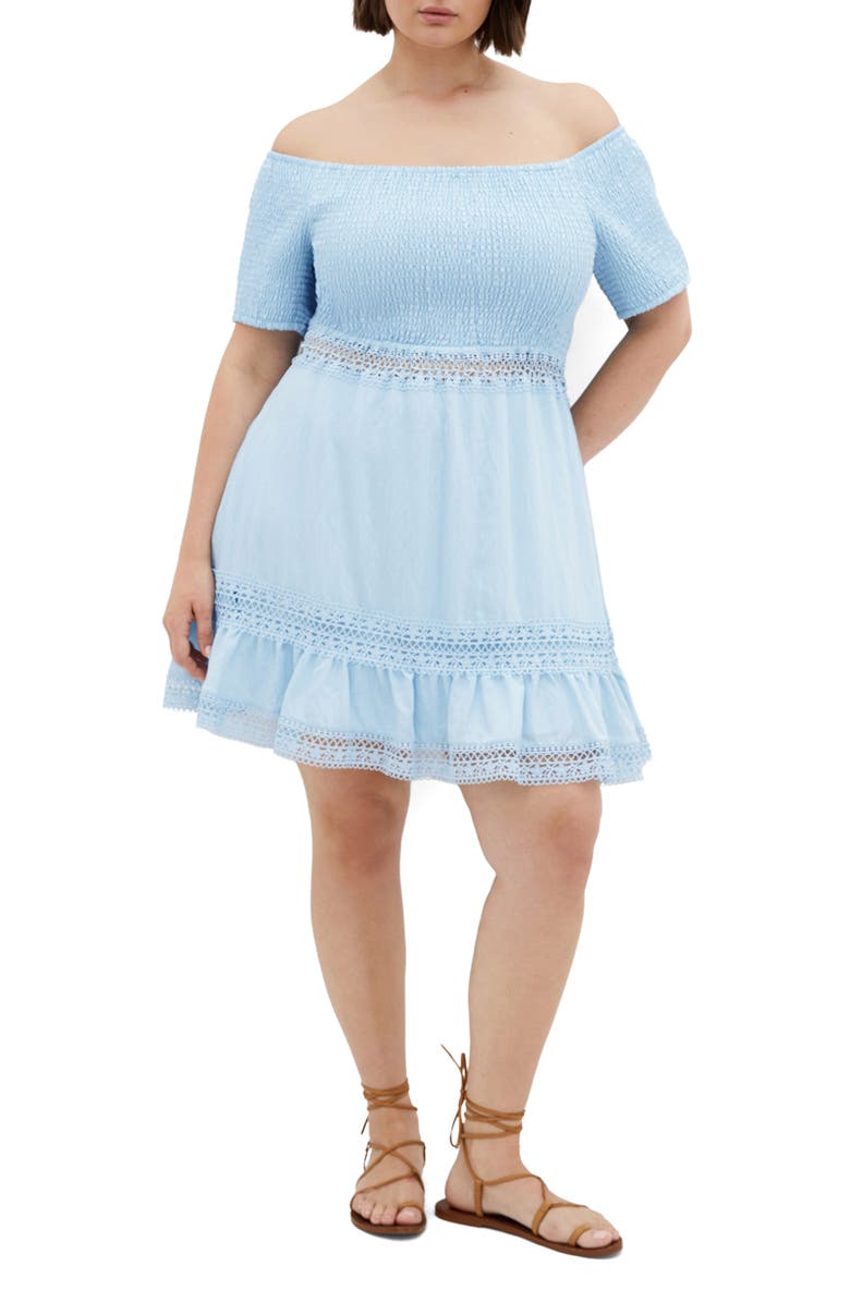 City Chic Aura Off the Shoulder Fit & Flare Dress, Main, color, Light Blue