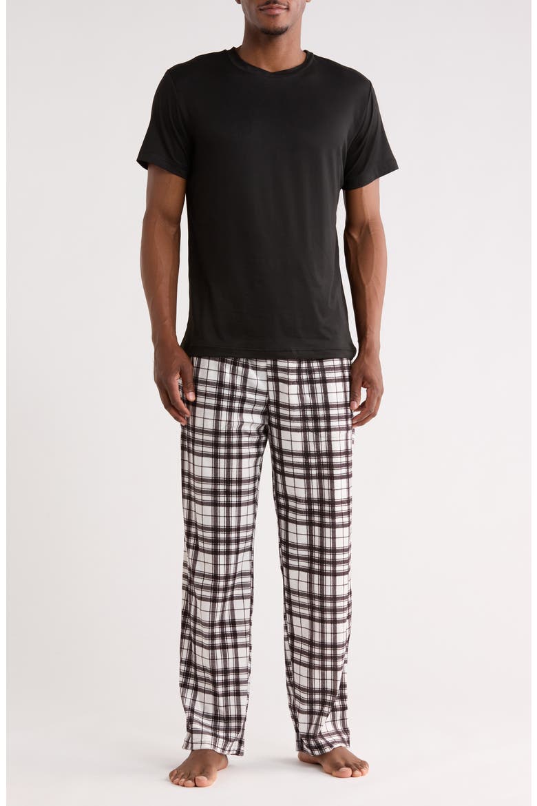 Crewneck T-Shirt & Plaid Pajama Pants Set, Main, color, BLACK/ WHITE