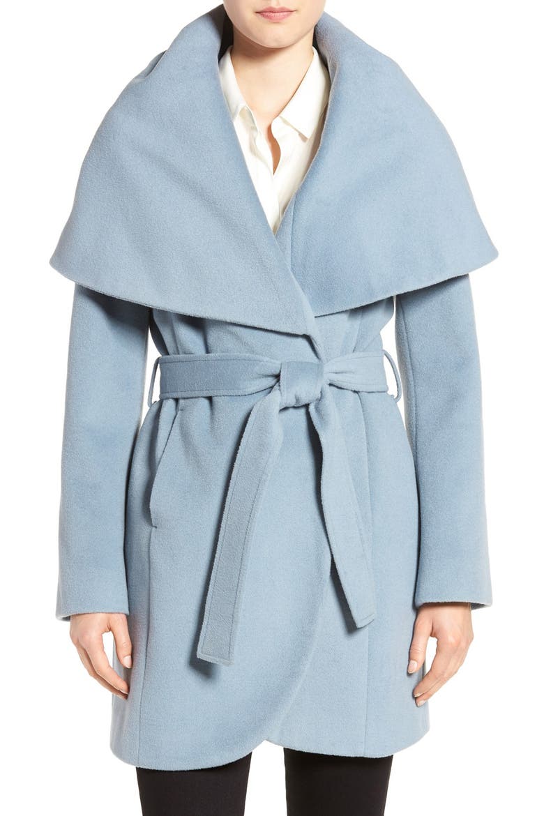 T Tahari Wool Blend Belted Wrap Coat, Main, color, PALE BLUE