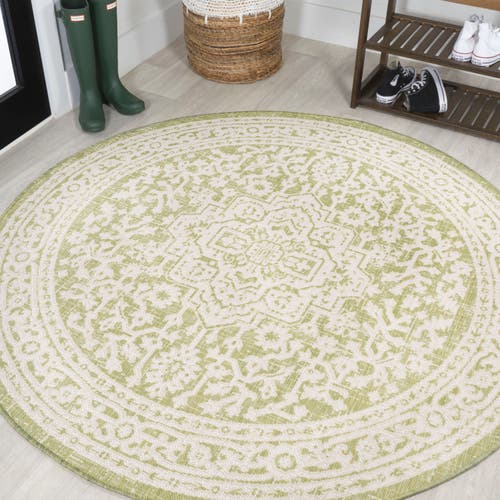 Jonathan Y Sinjuri Medallion Textured Weave Indoor/outdoor Round Area Rug In Green/cream