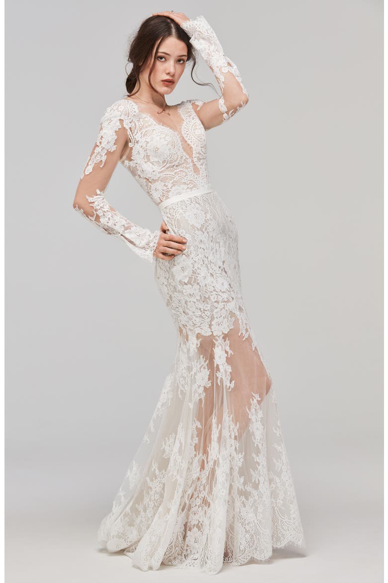 Sage Alençon Lace Trumpet Gown, Alternate, color, IVORY/BRONZE
