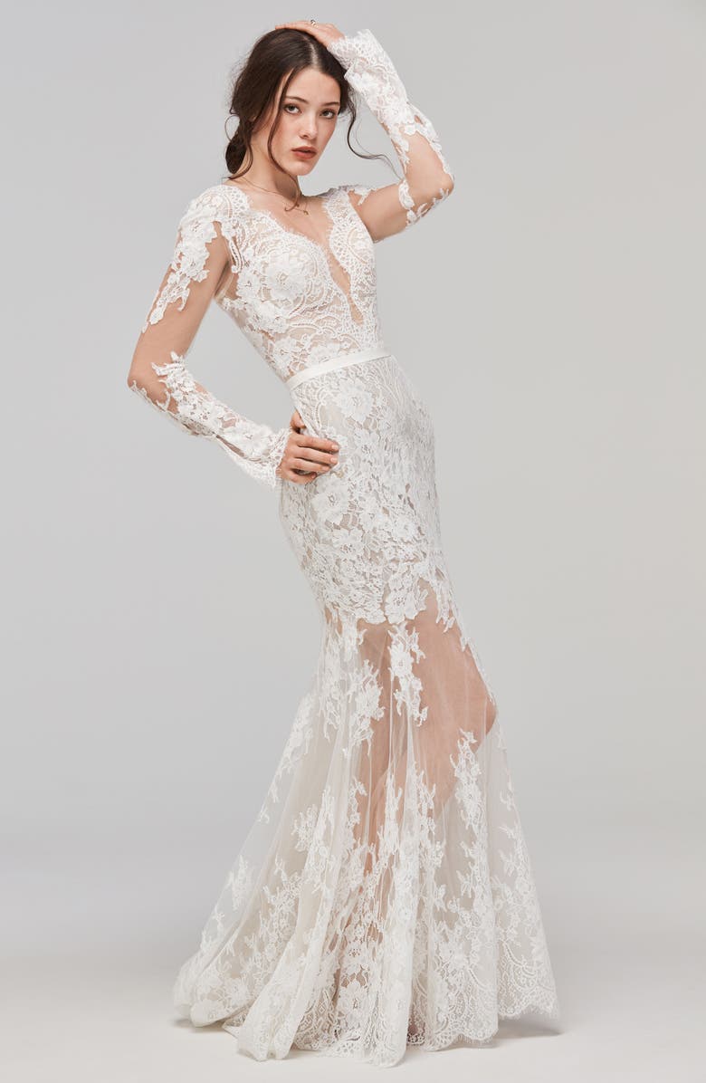 Willowby Sage Alençon Lace Trumpet Gown, Alternate, color, 