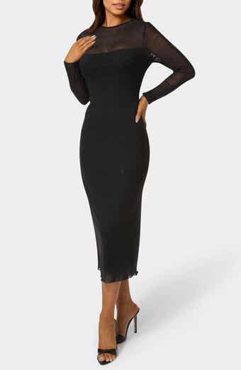 bebe Rhinestone Mesh Long Sleeve Body-Con Dress