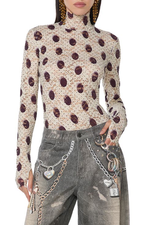Zadie Flocked Dot Mock Neck Lace Top