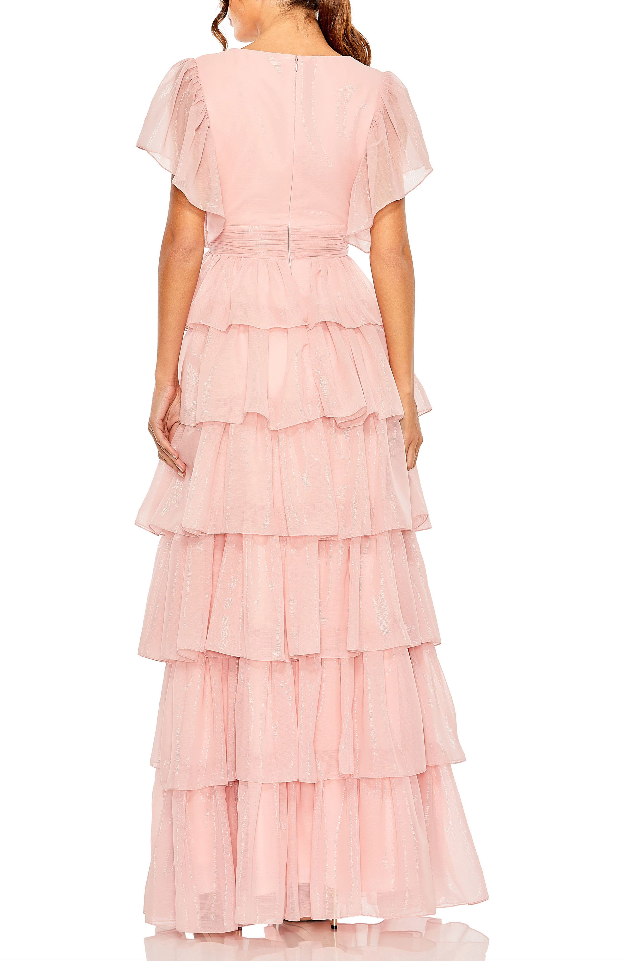 Women's Flutter Sleeve Tiered Ruffle Chiffon Gown - image 4