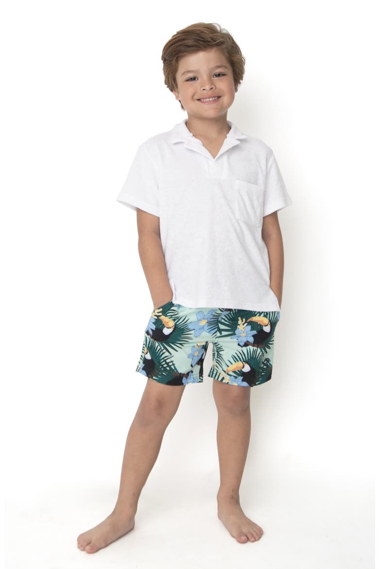 Kids' Toucan Print UPF 50+ Swim Trunks, Alternate, color, GREEN MULTI