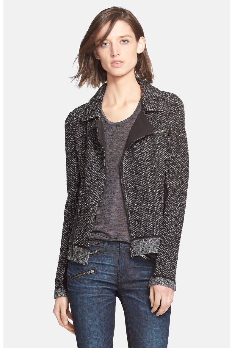 'Melinda' Metallic Knit Biker Jacket, Main, color, BLACK