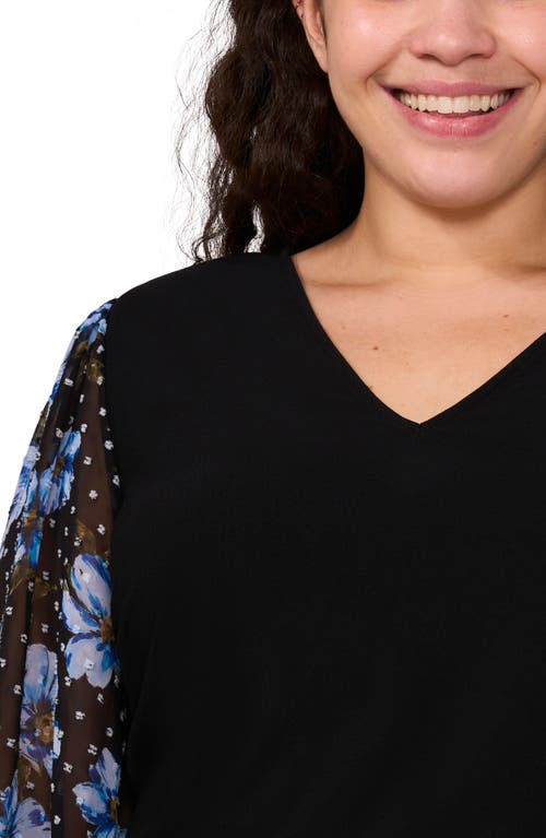 Cece Floral Sleeve Mixed Media Top In Mod Black