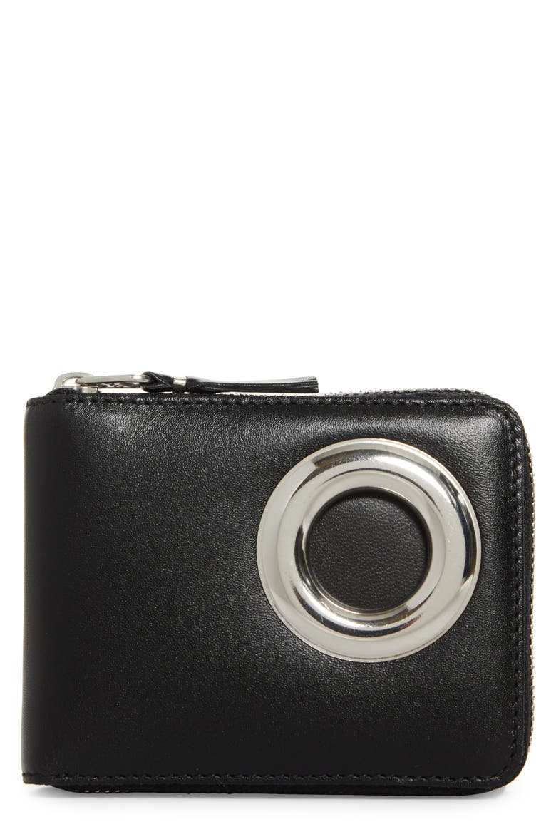 Small Eyelet Leather Half Zip Wallet, Main, color, BLACK