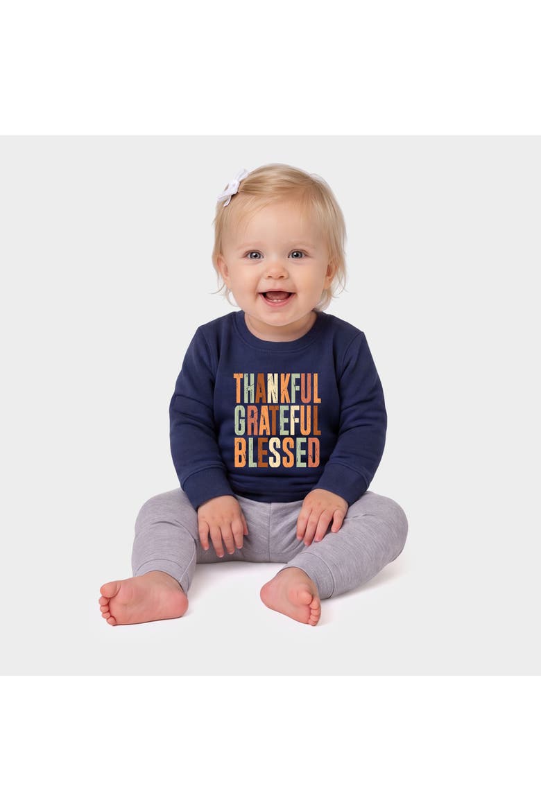 Thankful Grateful Blessed Fall Crew Fleece Sweatshirt Baby, Main, color, Navy