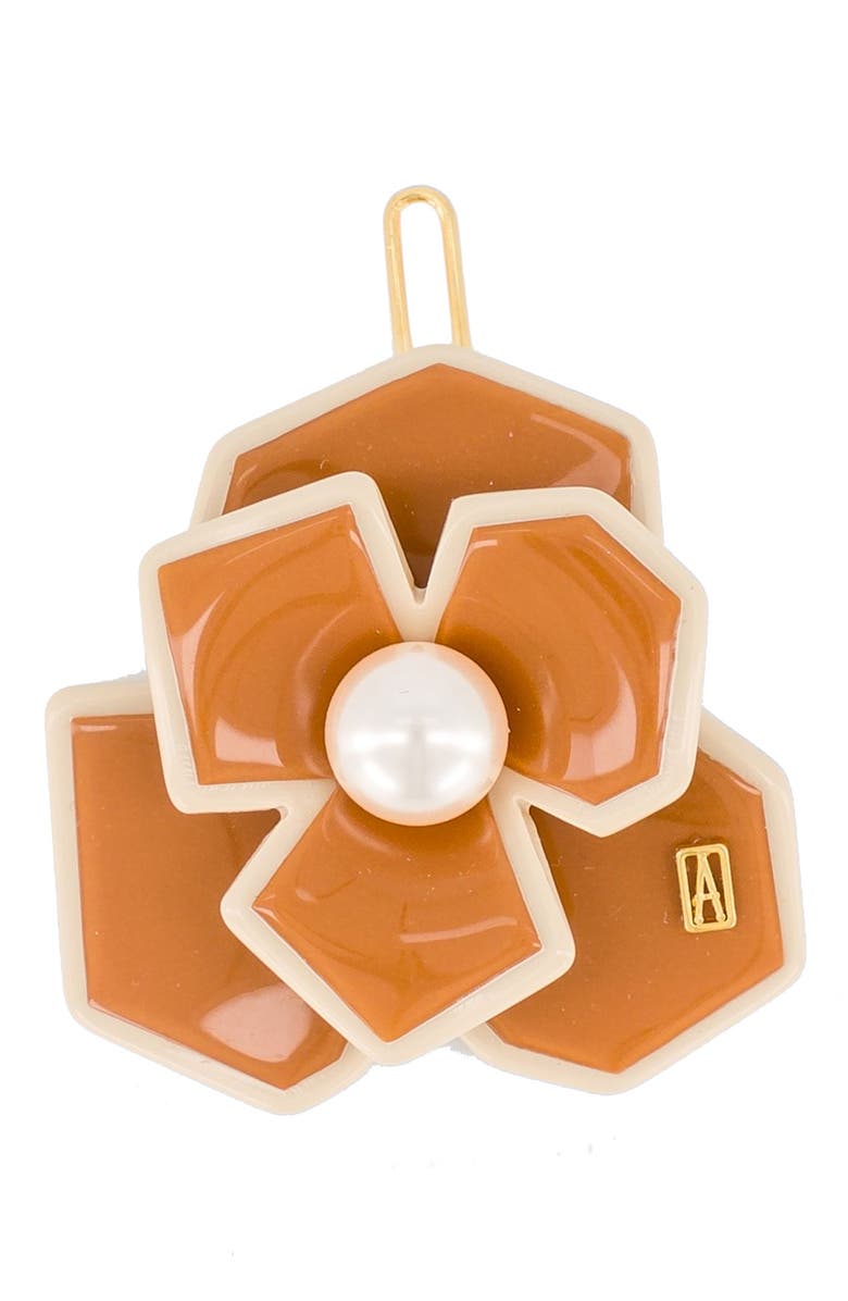 Alexandre de Paris Art deco camelia flower hair acetate side barette, Main, color, Caramel