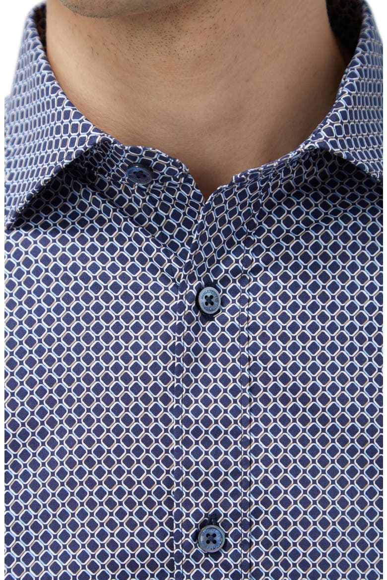 Axel Shaped Fit Geo Print Stretch Button-Up Shirt, Alternate, color, NAVY