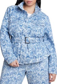 ELOQUII Lace Printed Denim Belted Jacket