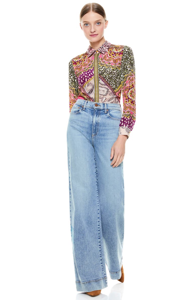 Alice + Olivia Willa Hidden Placket Silk Top, Alternate, color, 