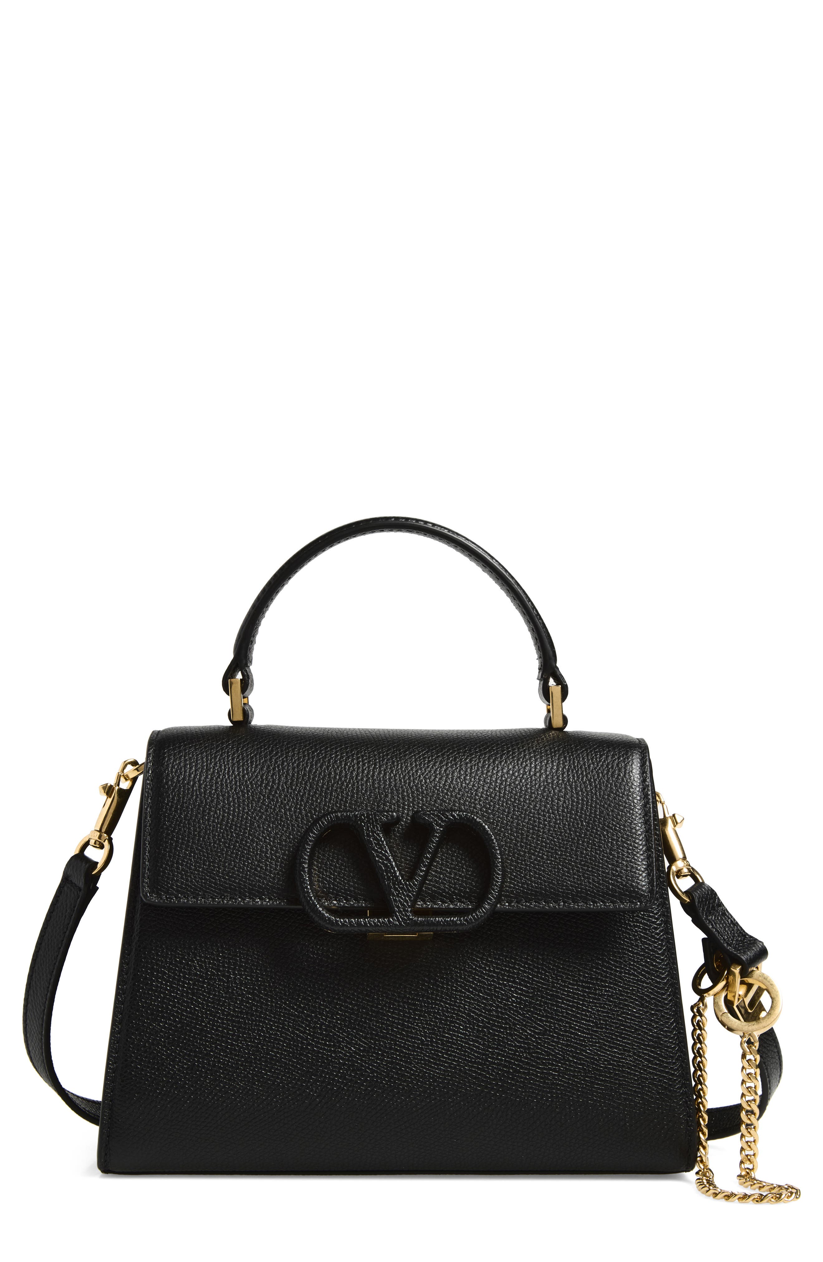 V-Sling Logo Top Handle Leather Bag, Main, color, BLACK