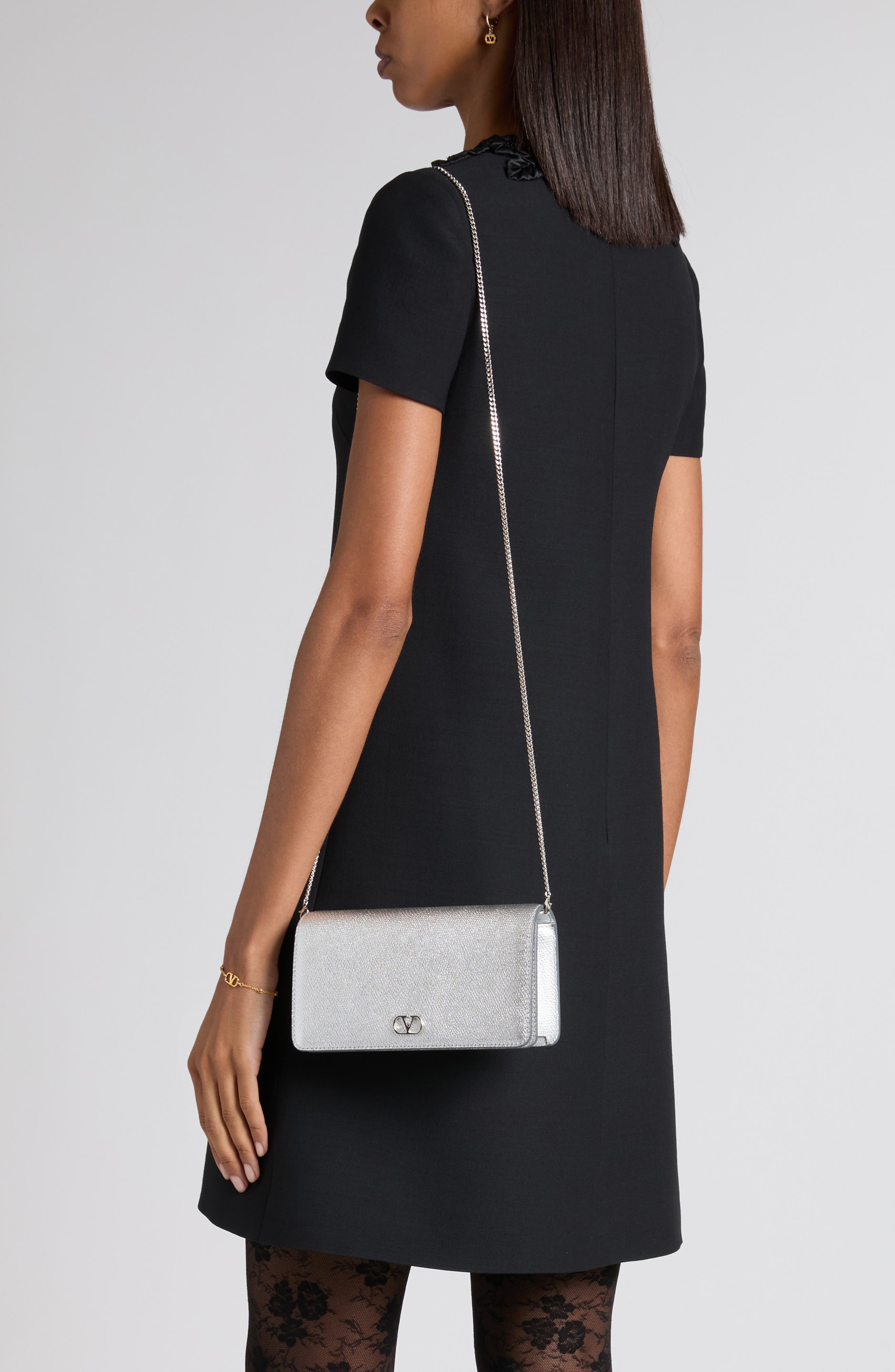 Valentino Garavani Mini VLOGO Metallic Leather Shoulder Bag, Alternate, color, Silver