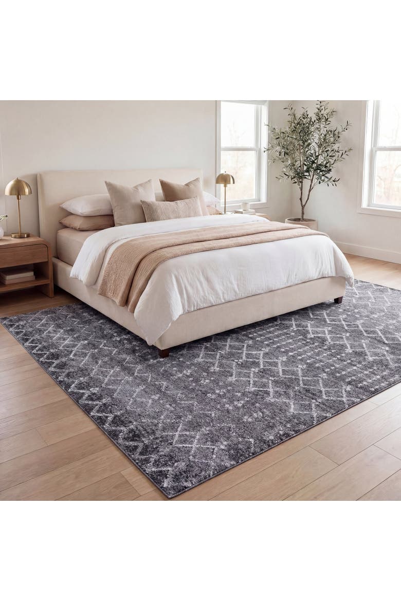 Leila Moroccan Diamond Trellis Non-Slip Machine-Washable Area Rug, Alternate, color, Gray/Ivory