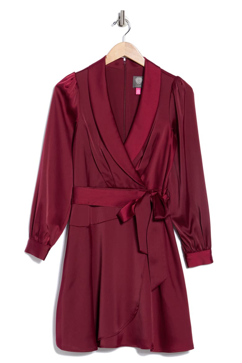 Shawl Collar Long Sleeve Satin Dress, Alternate, color, WINE