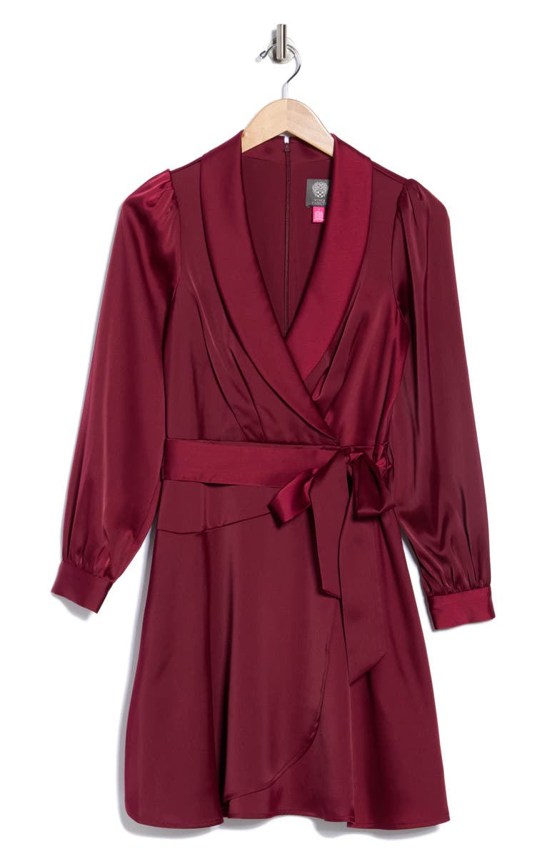 Vince Camuto Shawl Collar Long Sleeve Satin Dress, Alternate, color, Wine