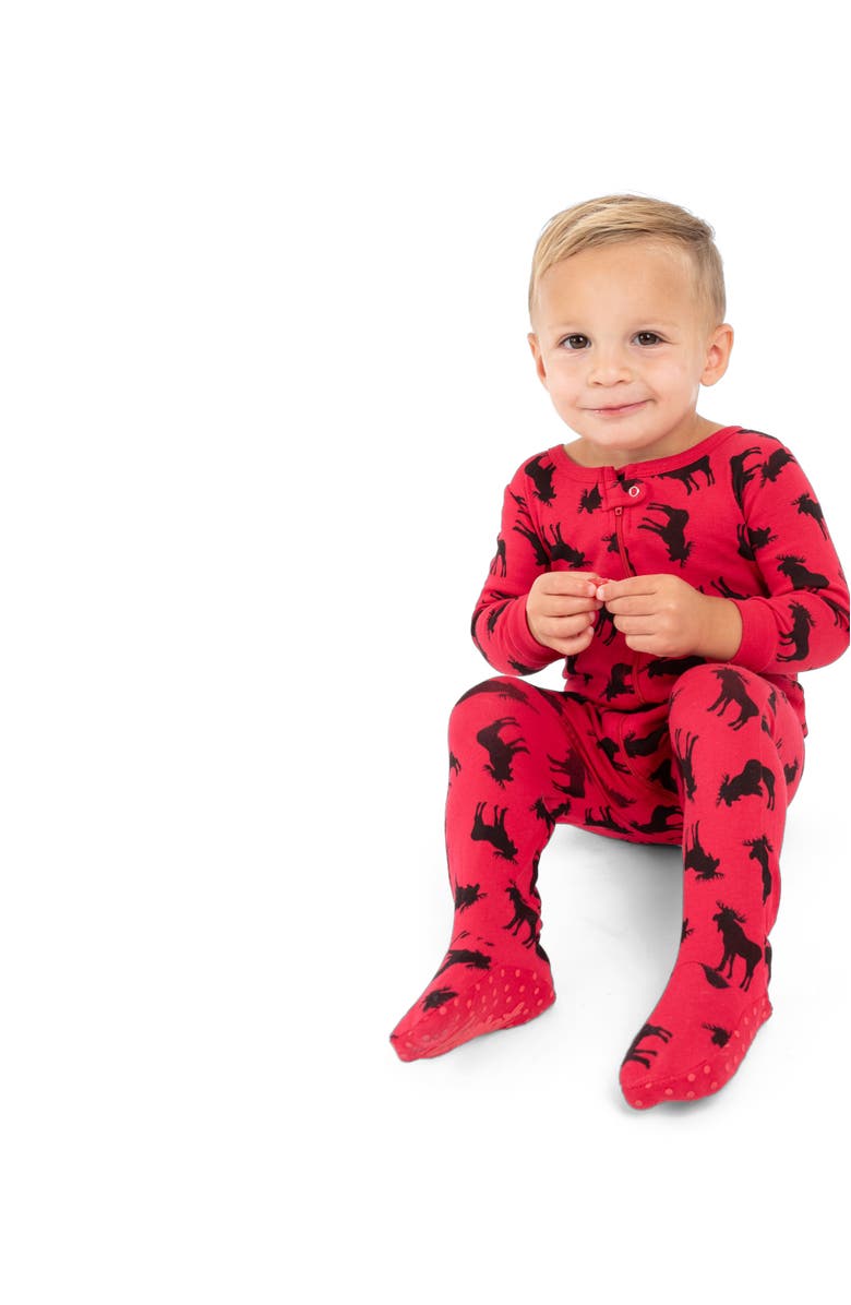 Leveret Kids Footed Printed Cotton Matching Family Holiday Pajamas, Argyles & Holiday Prints, Alternate, color, Moose