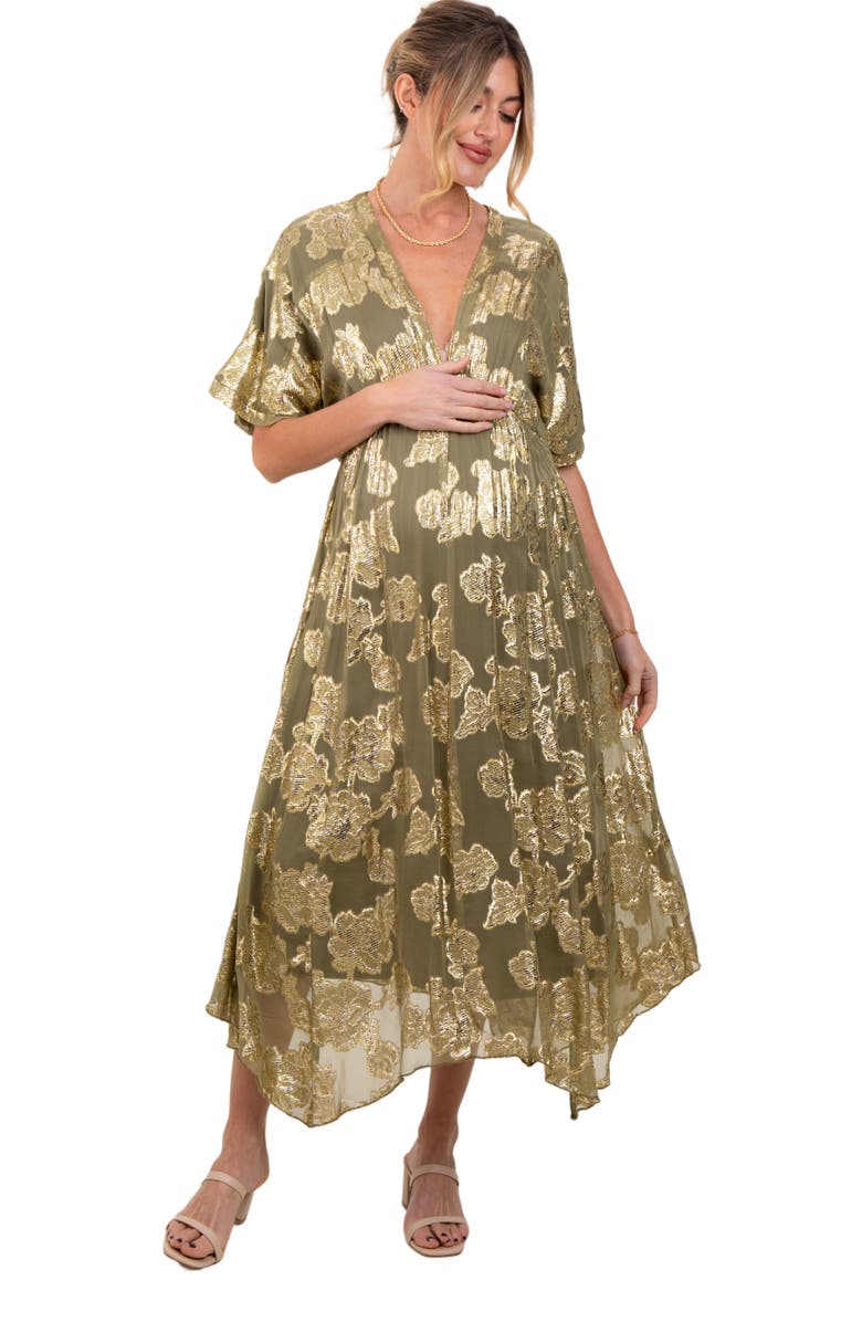 PinkBlush Floral Jacquard Overlay Maxi Dress, Main, color, Olive Green