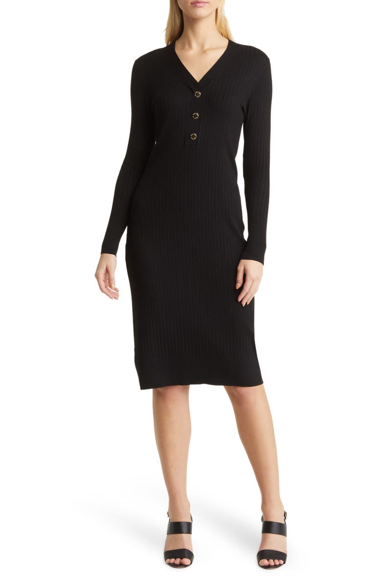 Anne Klein Long Sleeve Rib Henley Dress, Main, color,