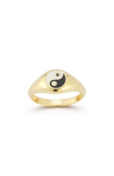 14K Gold Plate CZ Yin & Yang Signet Ring