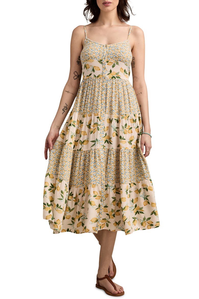 Mix Print Tiered Midi Dress, Main, color, YELLOW PRINT MIX