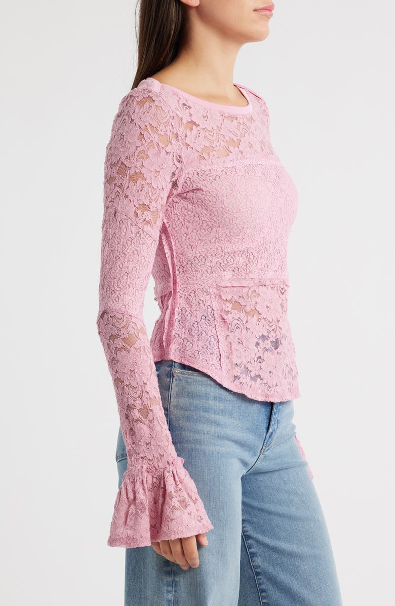 Free People Bell Sleeve Sheer Cotton Blend Lace Top, Alternate, color, Orchid Smoke