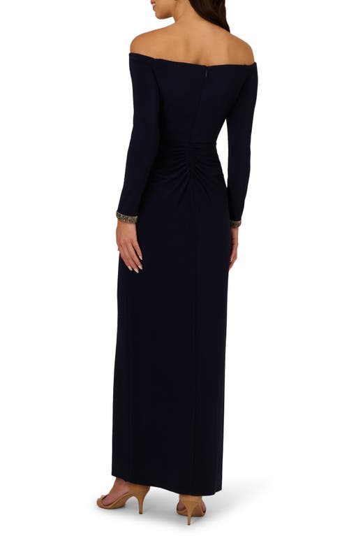 ADRIANNA PAPELL ADRIANNA PAPELL OFF THE SHOULDER LONG SLEEVE JERSEY GOWN