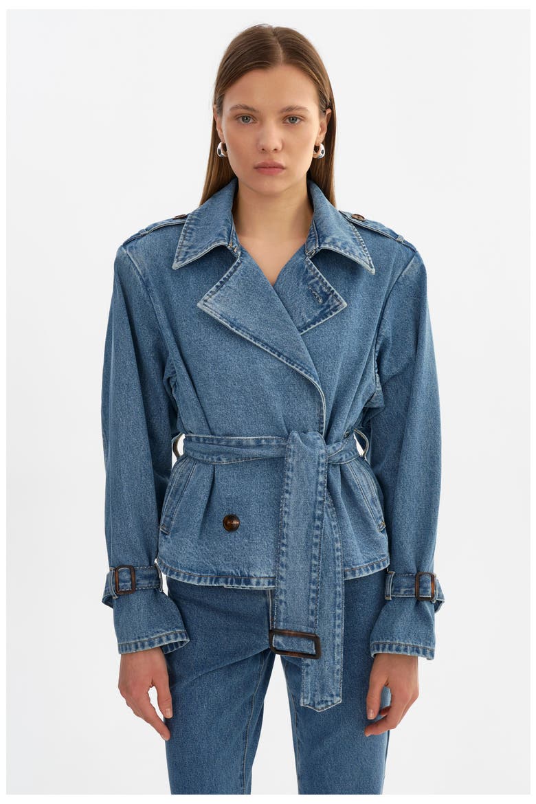 Dhana | Suede Trench Jacket, Main, color, Mid Blue Wash