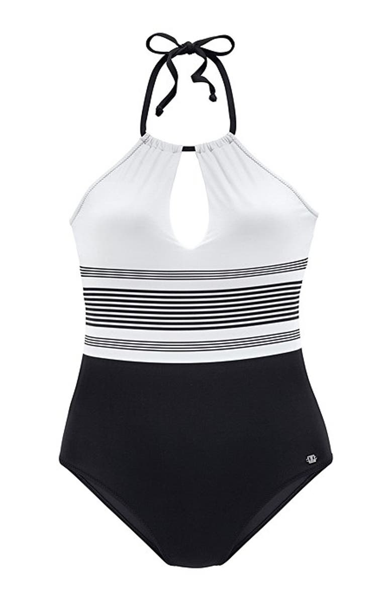 LASCANA Black & White Striped One Piece, Alternate, color, Black & White