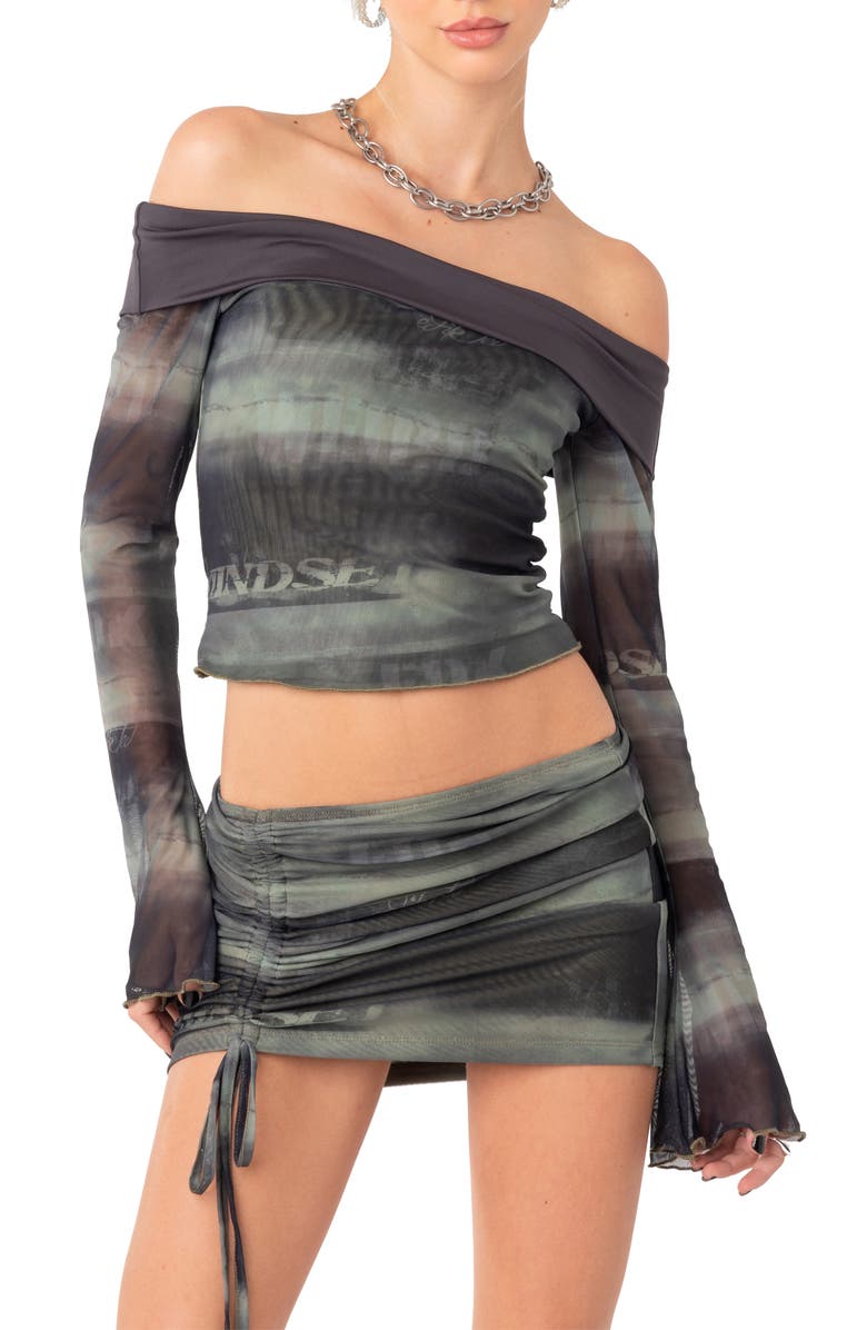 EDIKTED Terah Foldover Off the Shoulder Mesh Crop Top, Main, color, 