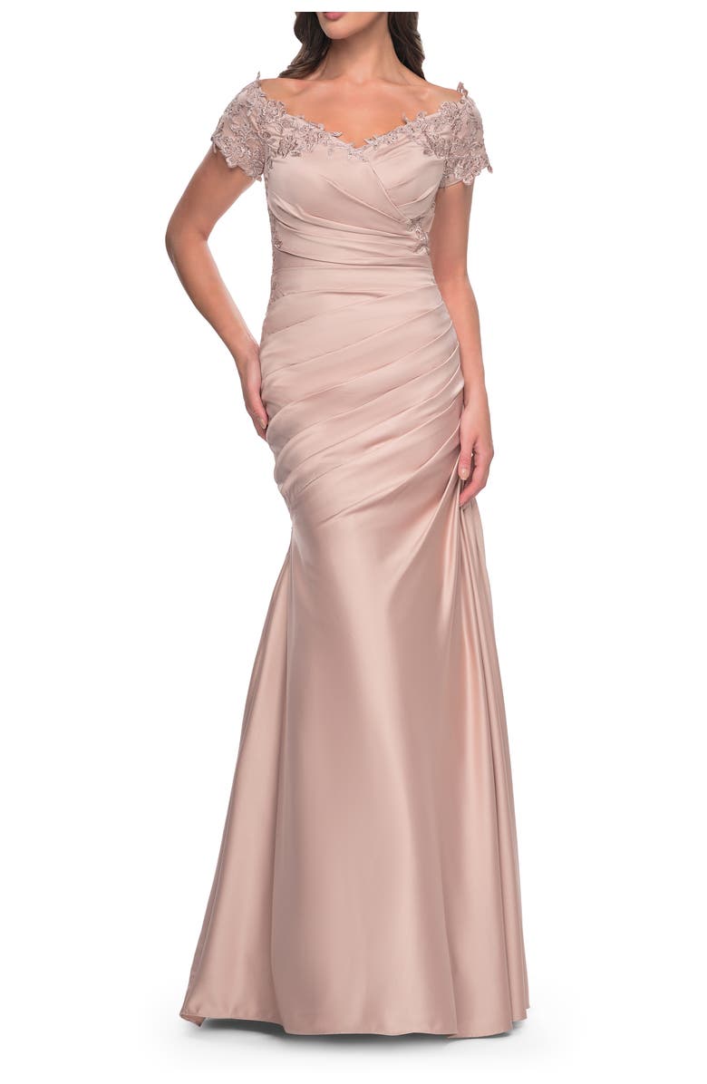 La Femme Off the Shoulder Satin and Lace Mermaid Pleated Gown, Alternate, color, Champagne