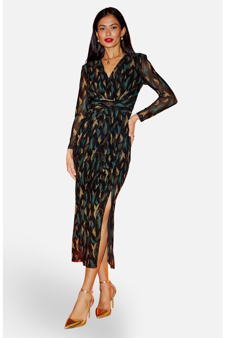 Metallic Sparkle Mesh Wrap Midi Dress, Main, color, Black