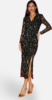 Yumi Metallic Sparkle Mesh Wrap Midi Dress