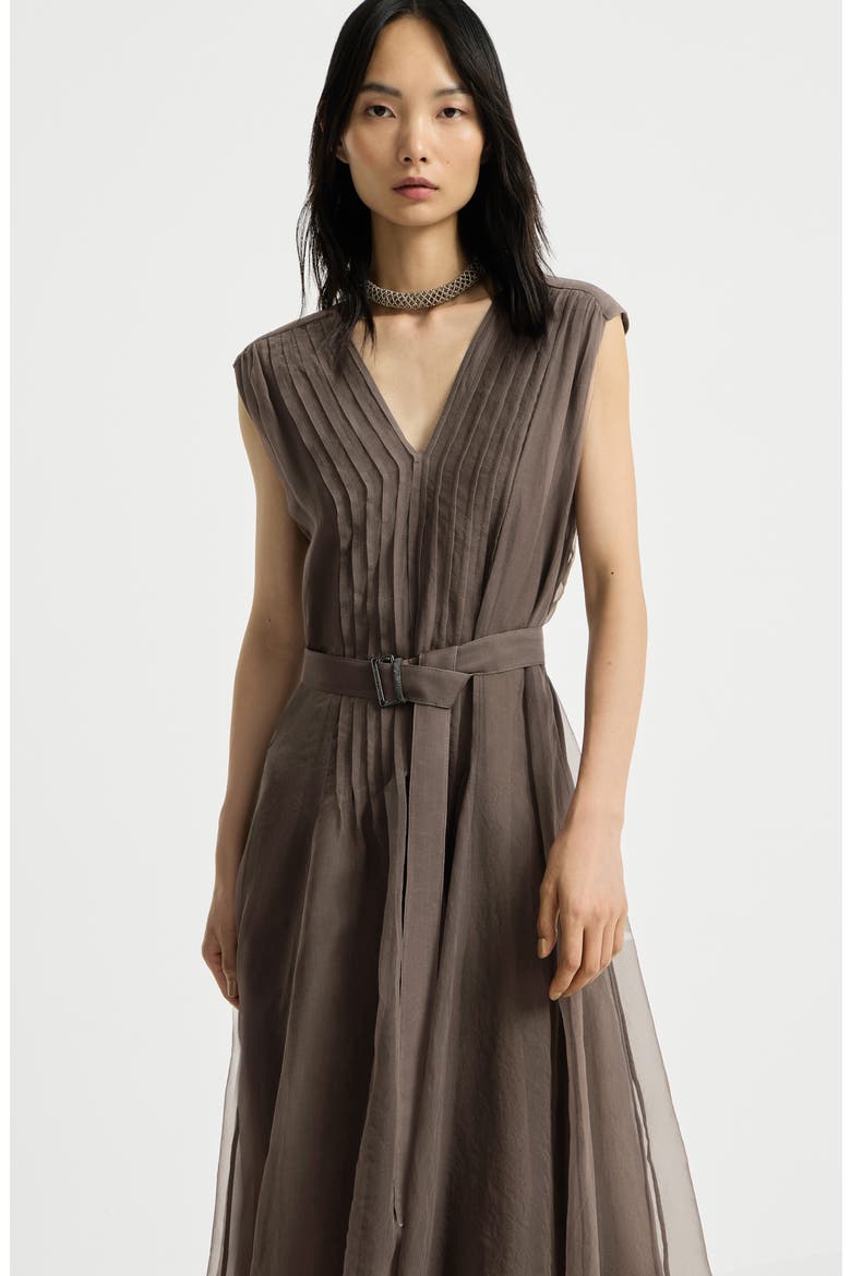 Crispy silk belted dress with pleated detail and precious strap, Alternate, color, Brown