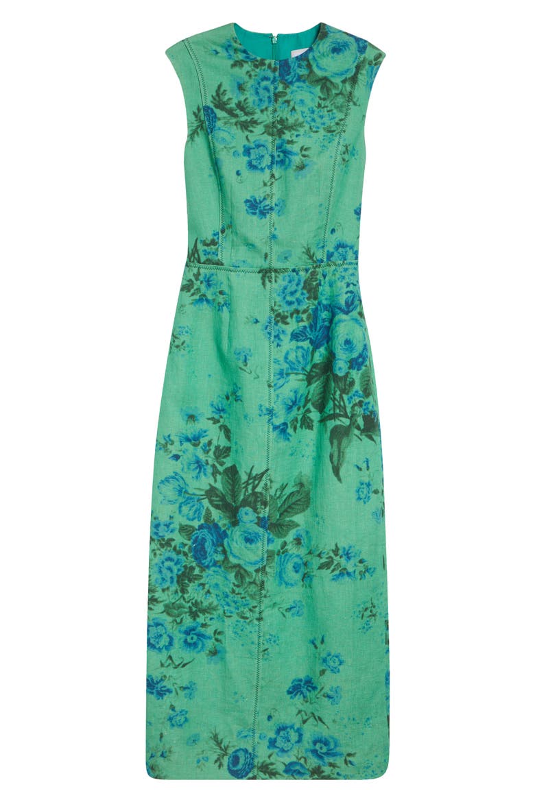 Floral Print Sleeveless Linen Midi Pencil Dress, Alternate, color, ROSE BOUQUET SEA GREEN