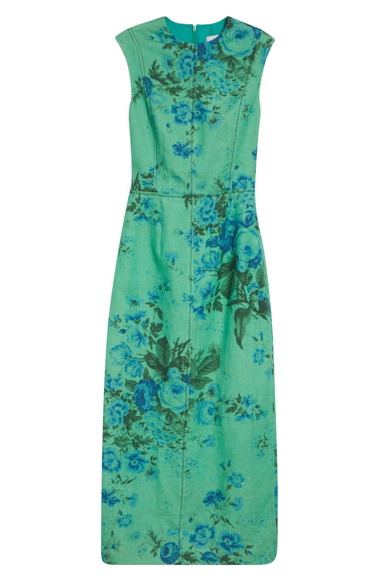 Erdem Floral Print Sleeveless Linen Midi Pencil Dress, Alternate, color, Rose Bouquet Sea Green